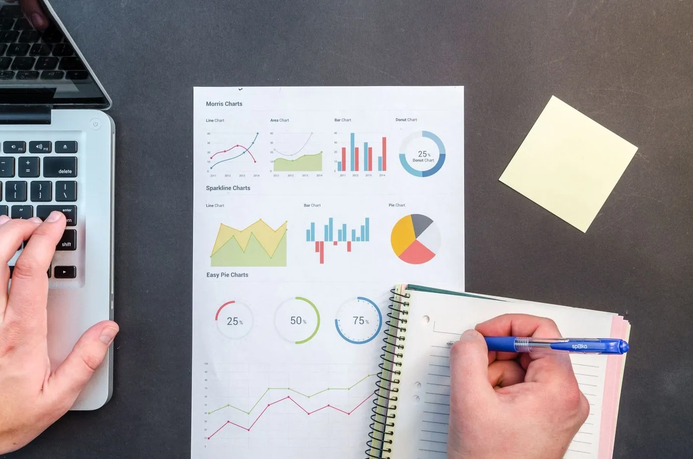 A laptop, a printed chart sheet, and a notebook on a dark desk.