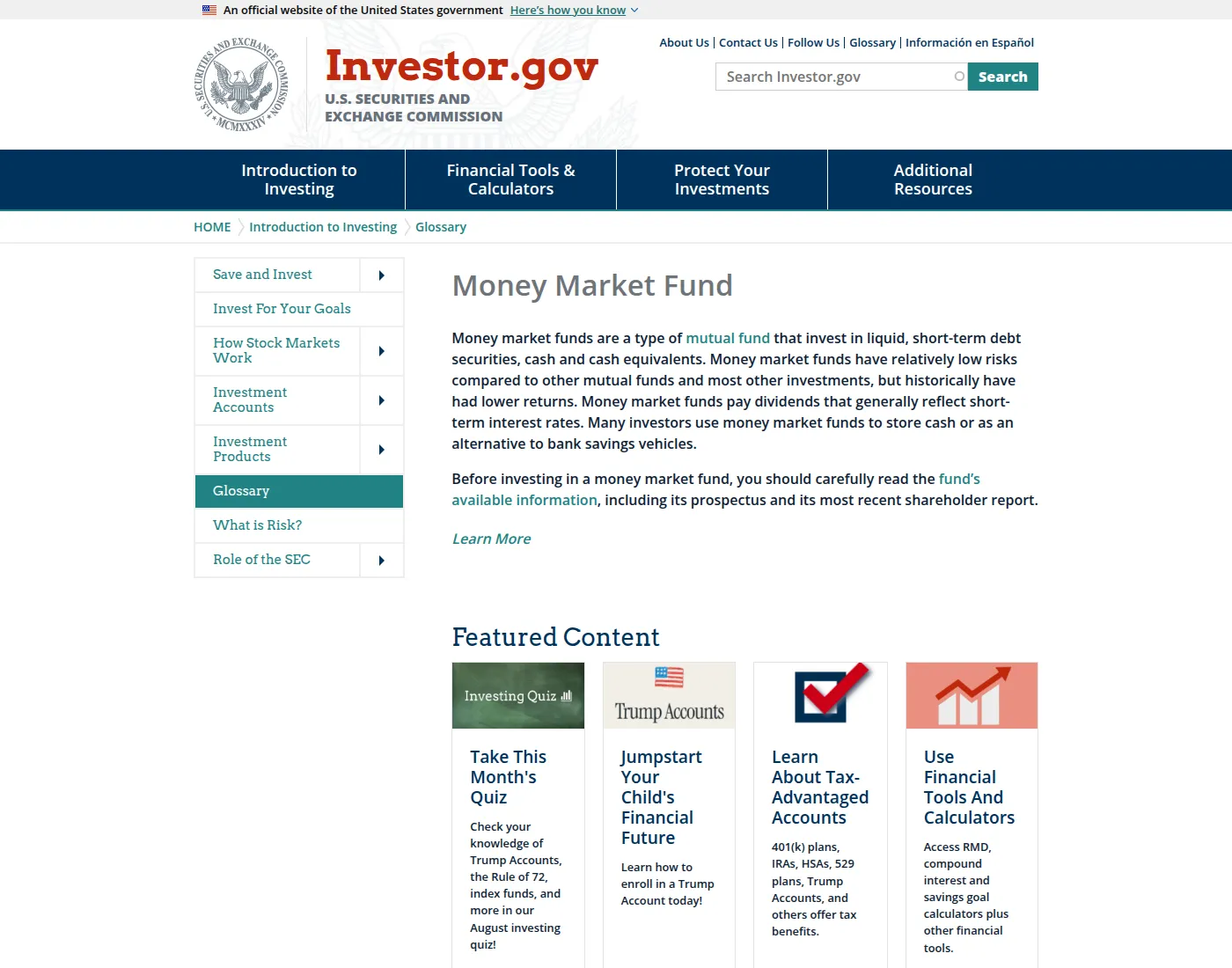 SEC Investor.gov glossary page defining a money market fund as a mutual fund that holds short-term debt.