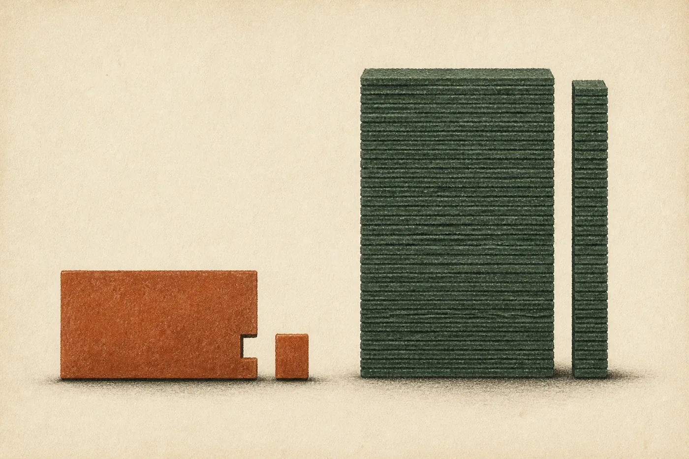 A rust slab with a small chip beside a tall green stack with a slice taken off.