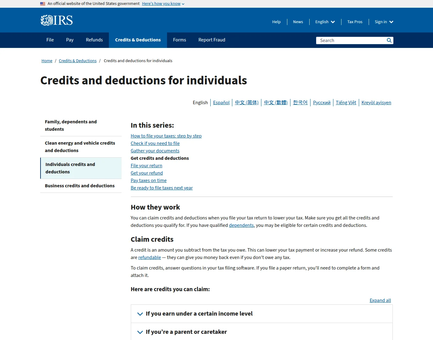 IRS page on credits and deductions for individuals, defining a credit as an amount subtracted from tax owed.