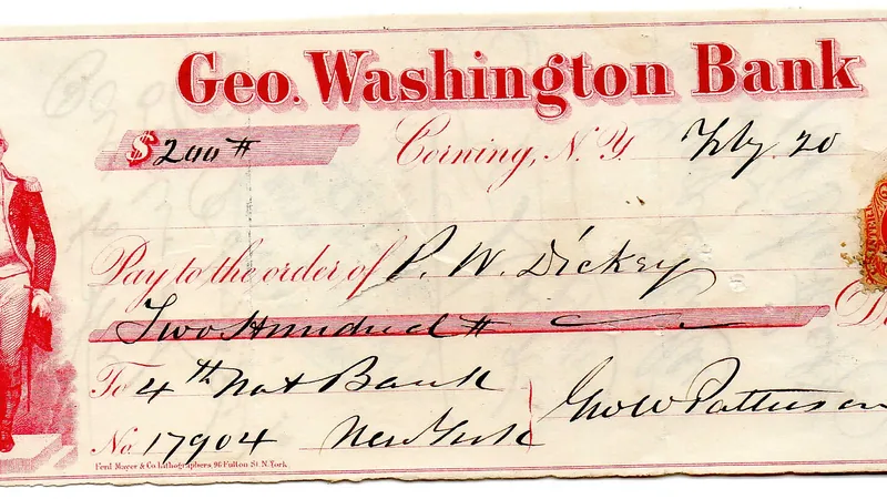No copyright restriction An 1867 paper check from the Geo. Washington Bank in Corning, New York, payable to P. W. Dickey.