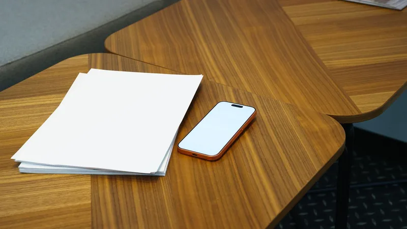 No copyright restriction A smartphone lying face-up on a wooden table next to a short stack of blank paper.