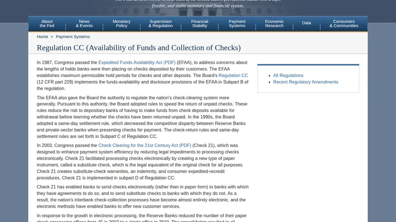 Federal Reserve Federal Reserve Board page on Regulation CC, describing the Expedited Funds Availability Act and maximum hold periods.