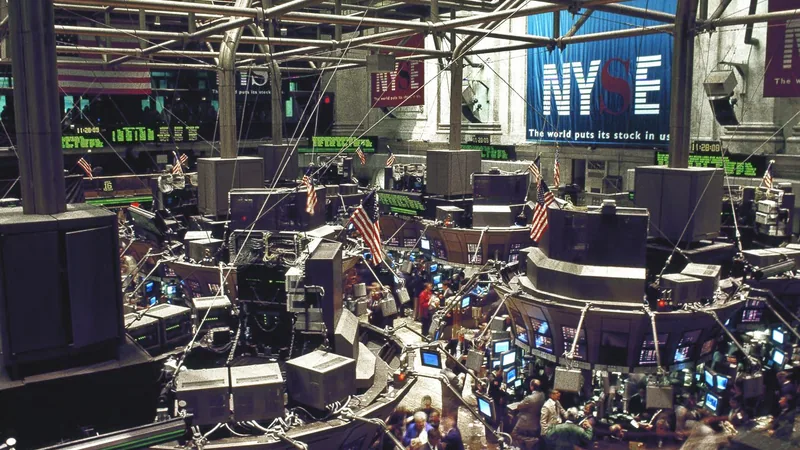 No copyright restriction The New York Stock Exchange trading floor, photographed from above the posts.