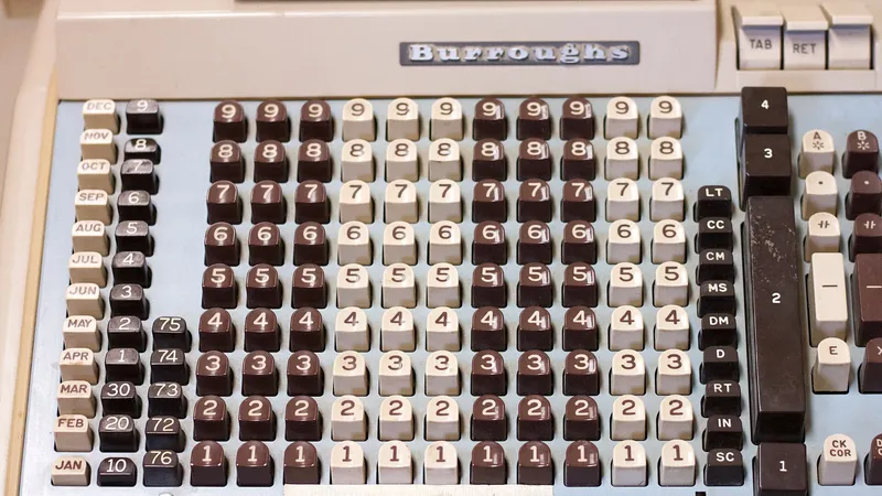 No copyright restriction The numbered keyboard of a Burroughs mechanical adding machine.