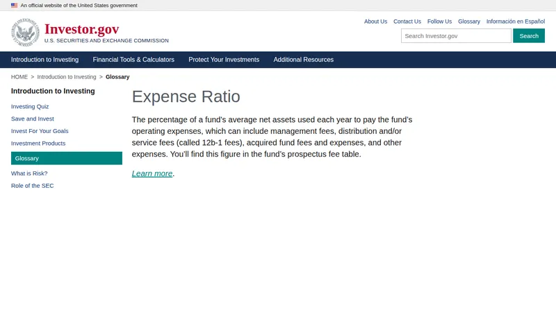 SEC SEC Investor.gov glossary page defining an expense ratio as a percent of average net assets used for operating expenses.