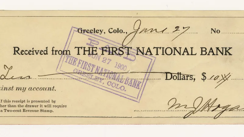 A 1900 paid receipt from the First National Bank of Greeley, Colorado, naming the bank in print.