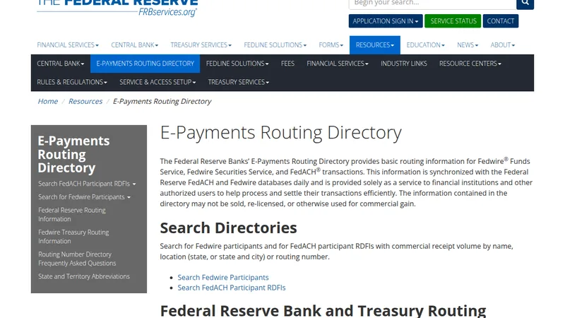 Federal Reserve Financial Services page for the E-Payments Routing Directory, with separate searches for Fedwire and FedACH participants.