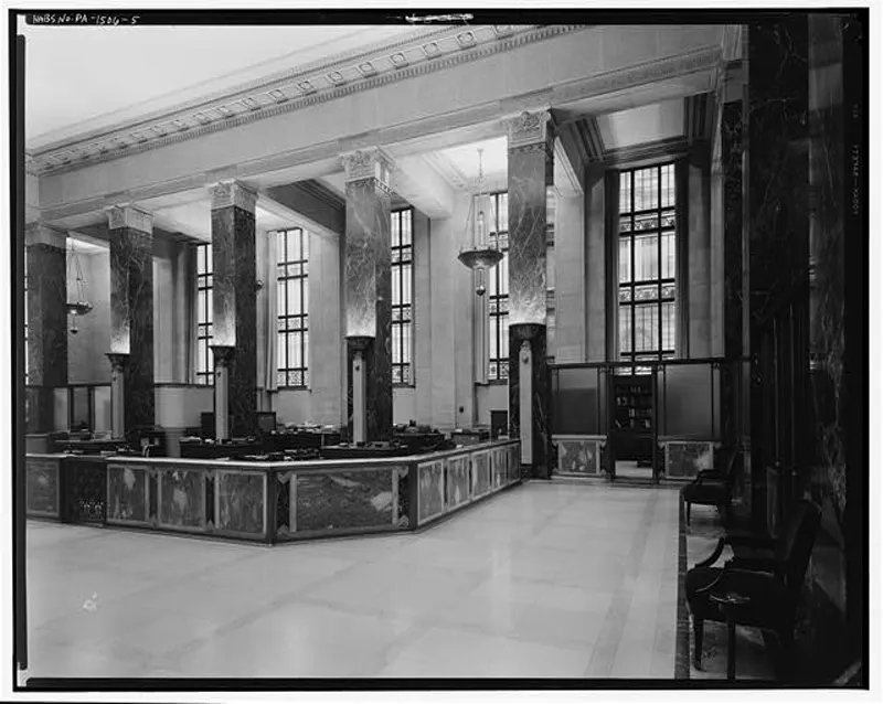 The ground-floor banking hall of the Federal Reserve Bank on Chestnut Street in Philadelphia, photographed in 1951.