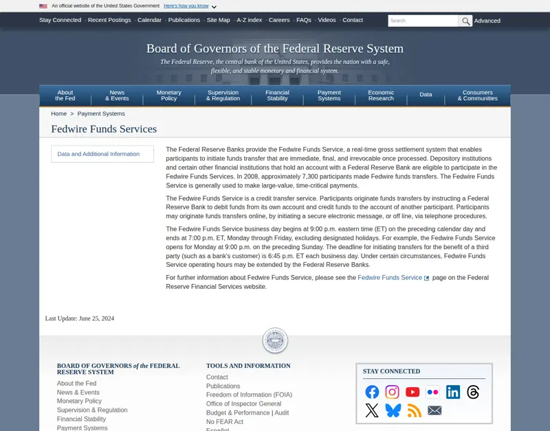 Federal Reserve Board page on Fedwire Funds Services, calling transfers immediate, final, and irrevocable once processed.