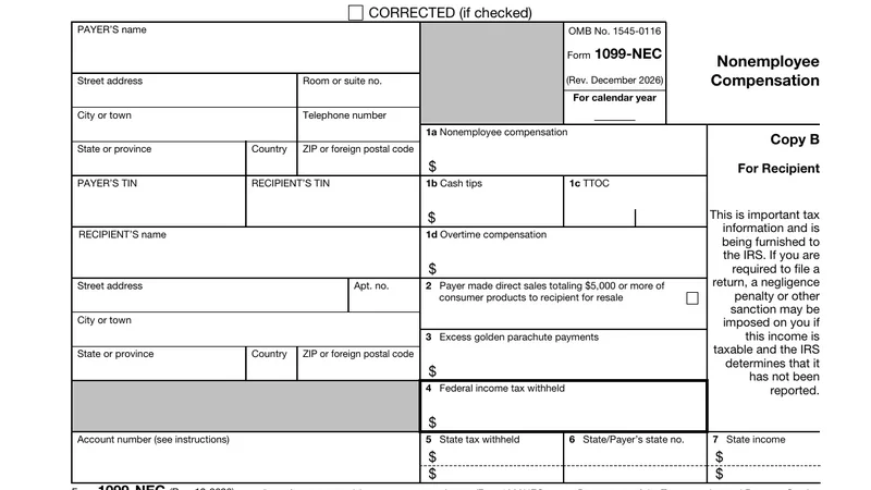 Form 1099-NEC, Nonemployee Compensation, Copy B, with box 1a for nonemployee compensation and box 4 for federal income tax withheld.