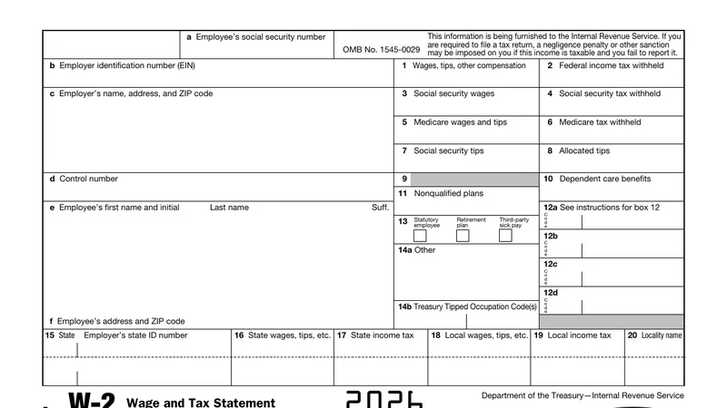 2026 Form W-2, Wage and Tax Statement, Copy C, with box 1 for wages and box 2 for federal income tax withheld.
