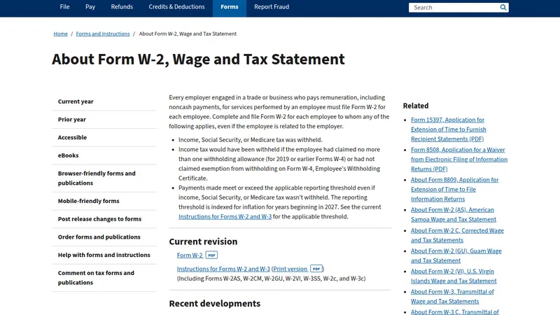 IRS page About Form W-2, stating that an employer who pays an employee for services must file Form W-2 for each employee.