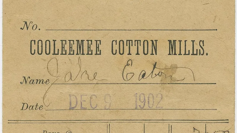 A 1902 Cooleemee Cotton Mills pay envelope made out to Jane Eaton, the paper that used to stand in for a wage statement.