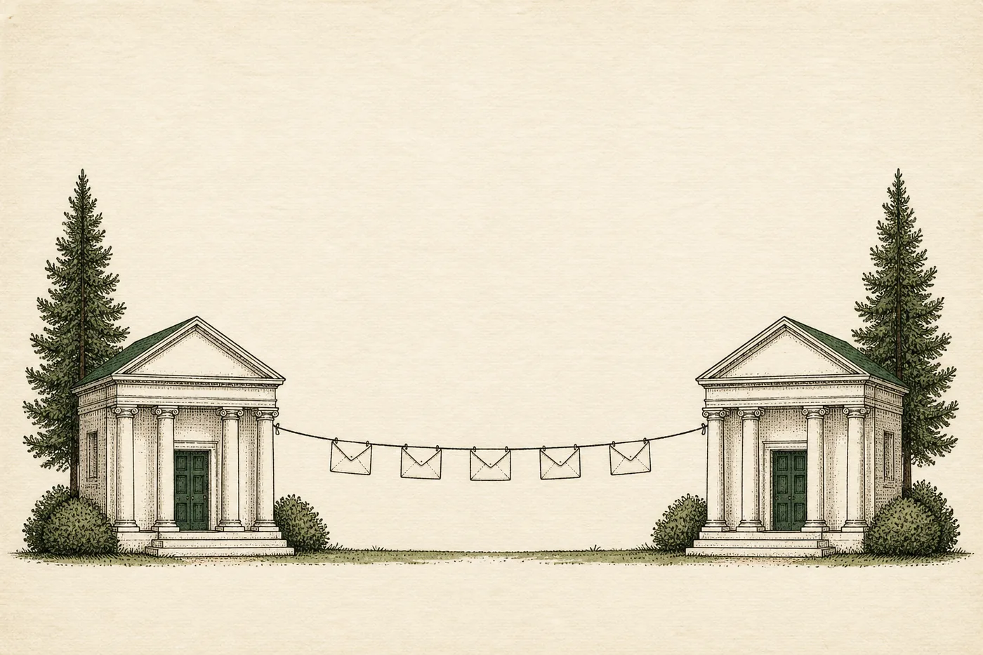 No copyright restriction Two small bank buildings connected by a wire with envelopes hanging along it.