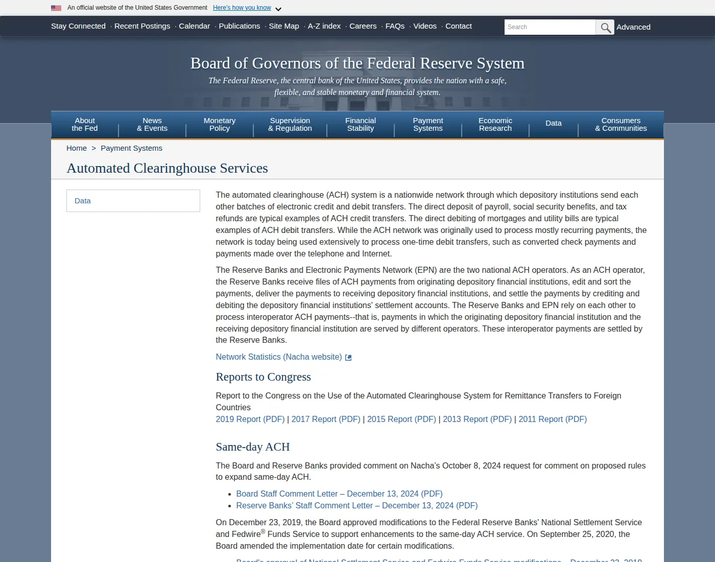 Federal Reserve Federal Reserve Board page on Automated Clearinghouse Services, defining ACH credits and debits.