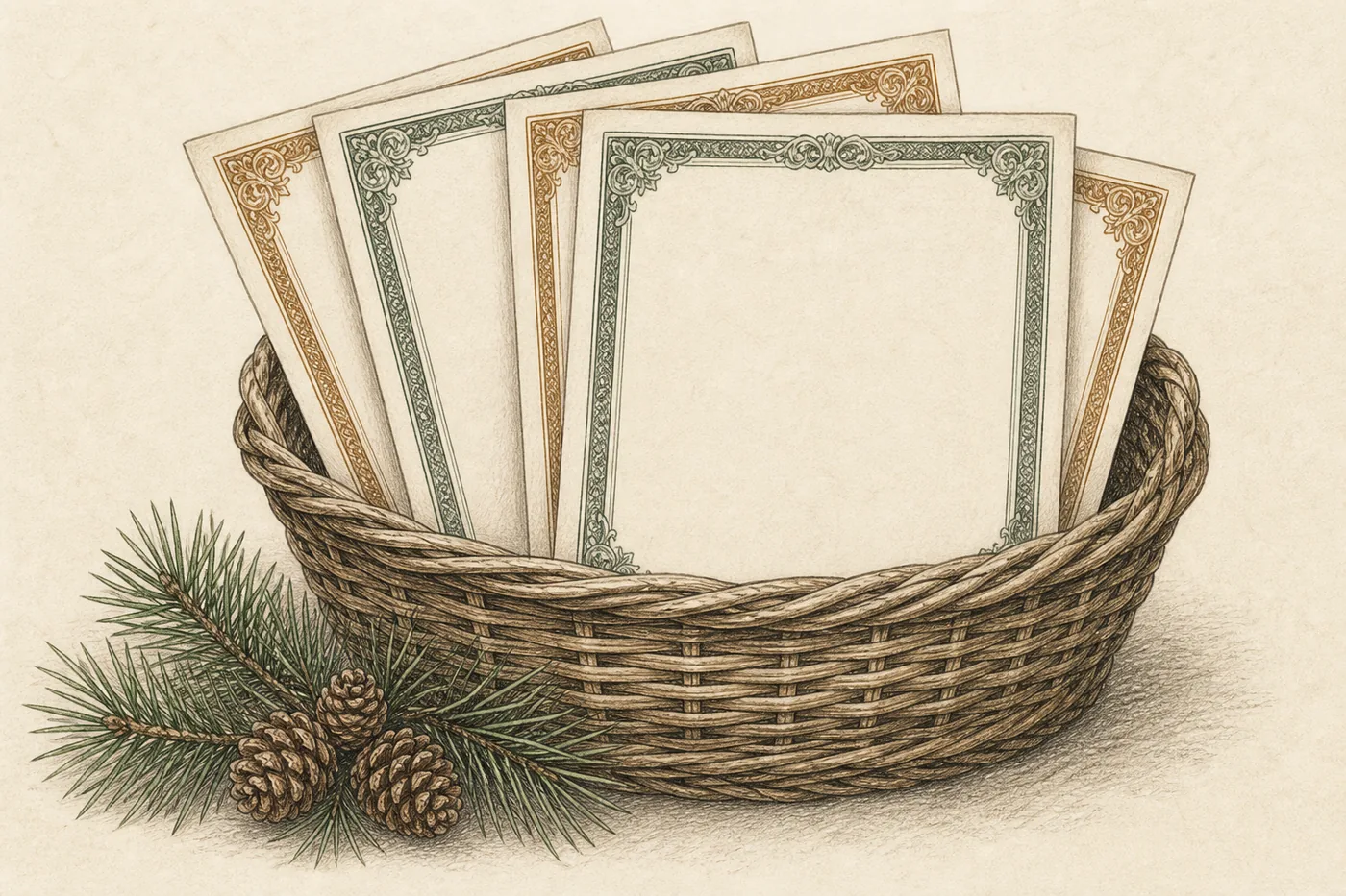 No copyright restriction A woven basket holding blank certificates with ornate green and gold borders.
