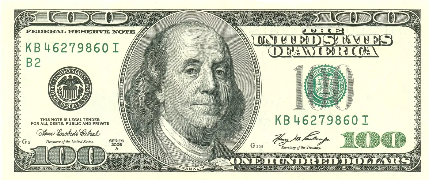 No copyright restriction The front of a United States hundred-dollar bill.
