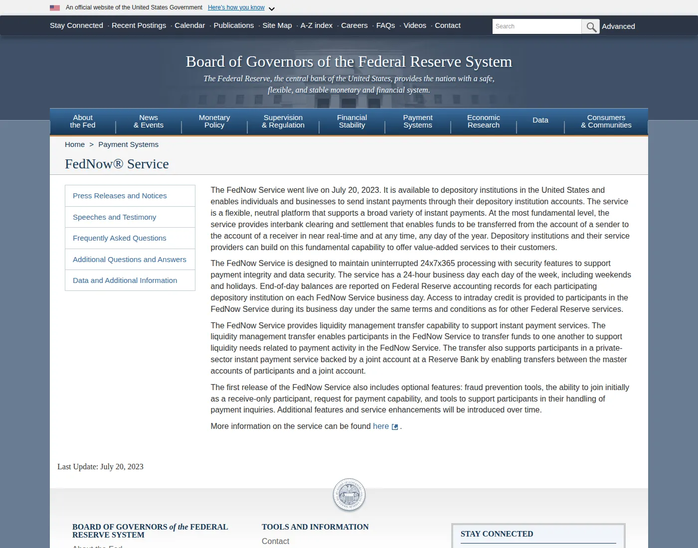 Federal Reserve Board page on the FedNow Service, describing 24x7x365 interbank clearing and settlement.
