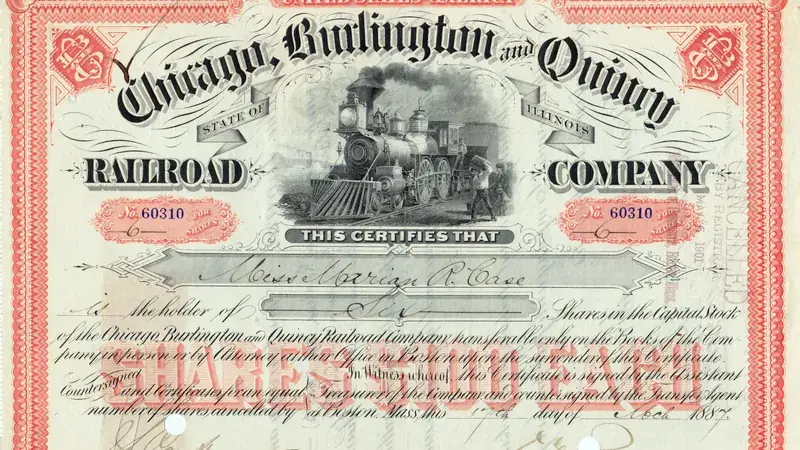 An 1887 Chicago, Burlington and Quincy Railroad stock certificate for six shares, later stamped cancelled.
