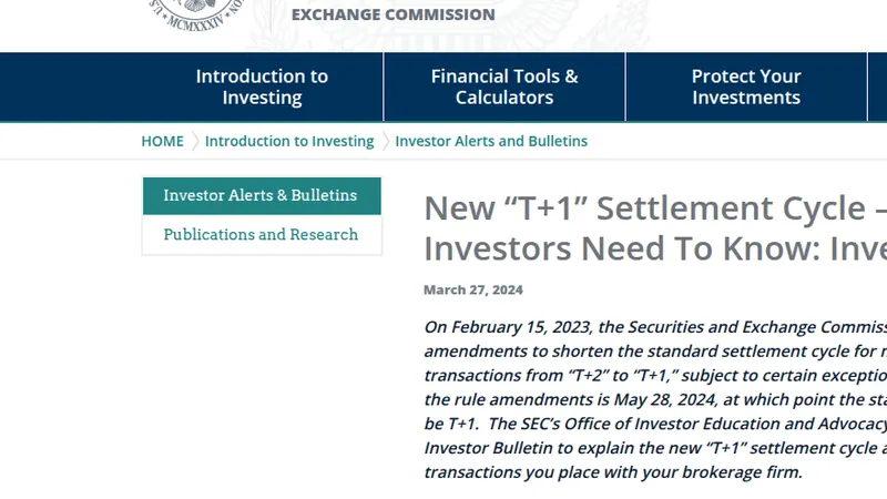SEC Investor.gov bulletin on the T+1 settlement cycle, dated March 27, 2024, with the May 28, 2024 compliance date.