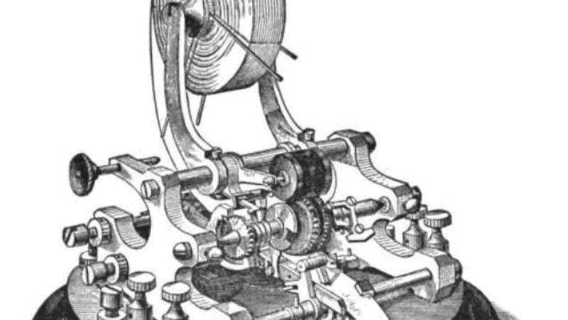 An 1892 plate of an Edison stock ticker, printing quotes on a paper tape.