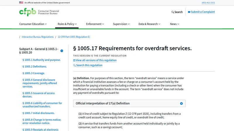 Consumer Financial Protection Bureau page for Regulation E section 1005.17, defining an overdraft service as a fee for paying an item when funds are insufficient or unavailable.