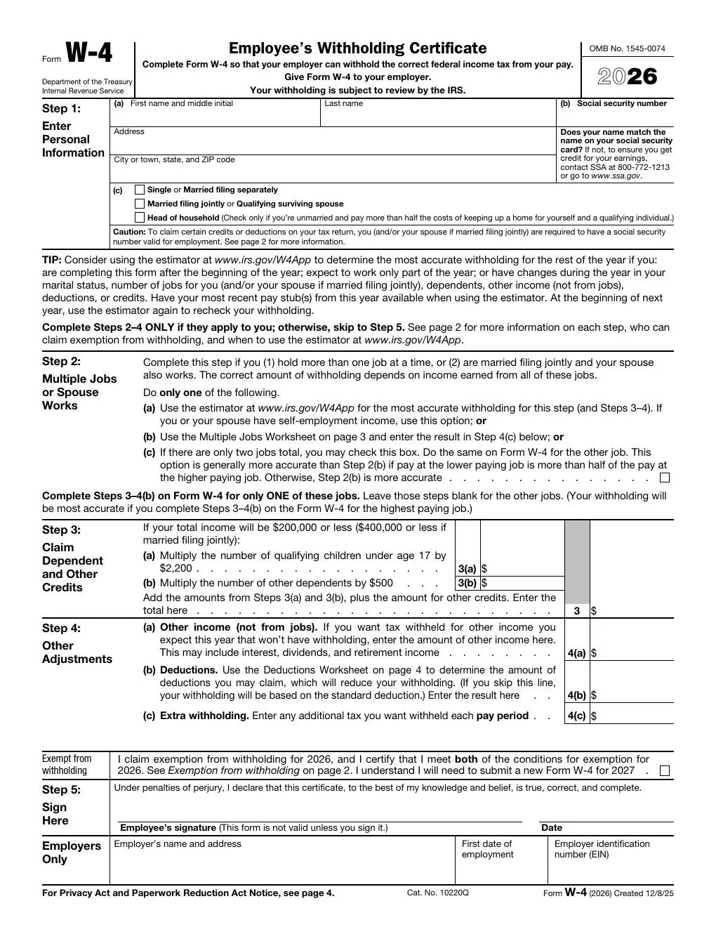 No copyright restriction The first page of a blank 2026 IRS Form W-4, Employee’s Withholding Certificate.