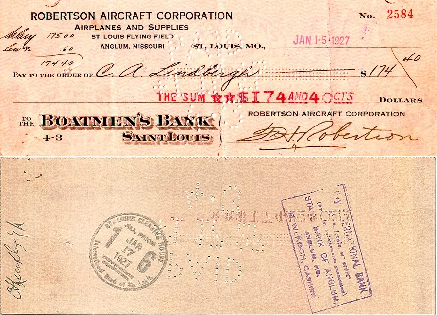 Front and back of a 1927 paycheck issued to C. A. Lindbergh, with a salary deduction