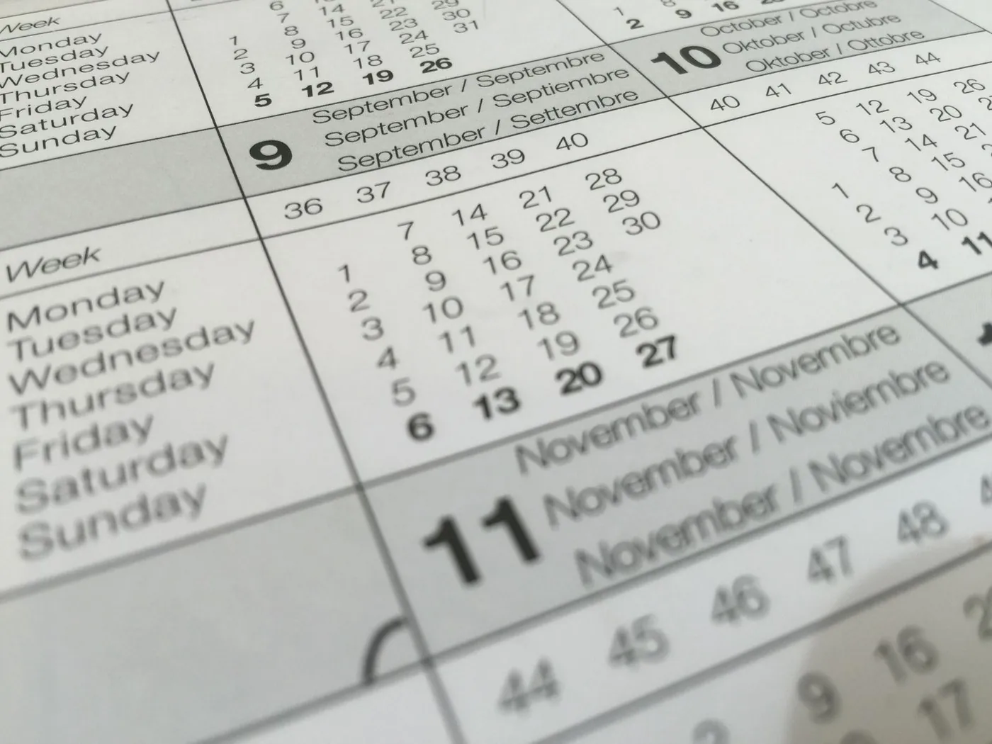No copyright restriction A printed calendar showing September, October, and November date grids.