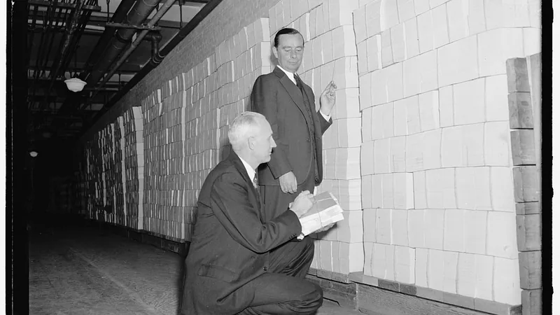 Two Bureau of Internal Revenue clerks checking ceiling-high stacks of 1939 income-tax blanks in a mailing room.