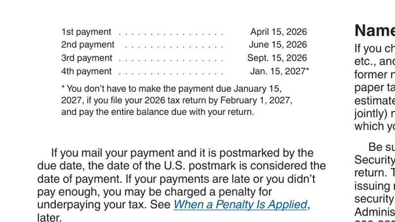 The 2026 Form 1040-ES payment due dates: April 15, June 15, September 15, and January 15, 2027.