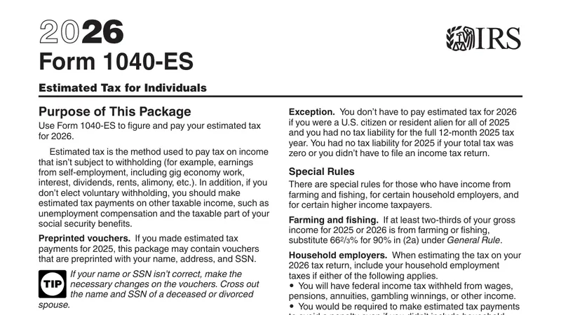 The first page of the 2026 IRS Form 1040-ES, Estimated Tax for Individuals, stating the purpose of the package.
